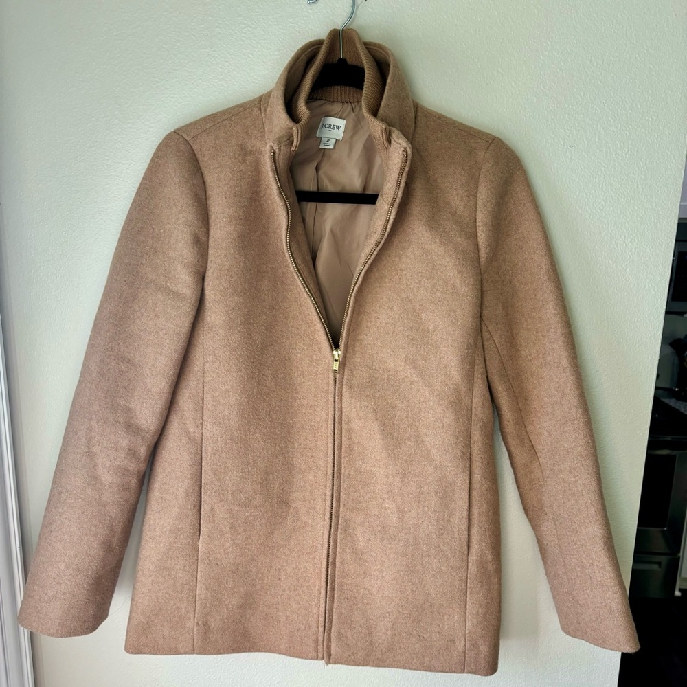 Trendy Women’s J Crew Tan Beige Coat Wool Blend Village Jacket Size 2 Or XS Zip